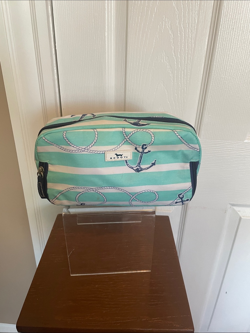 Scout Mint & White Striped 3 way Toiletry Bag with Navy Anchor Print